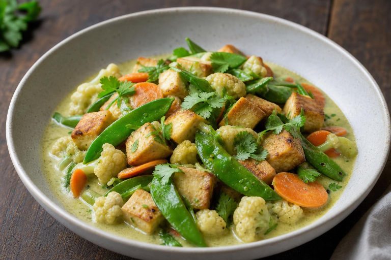 Zöld currys tofu karfiollal és cukorborsóval